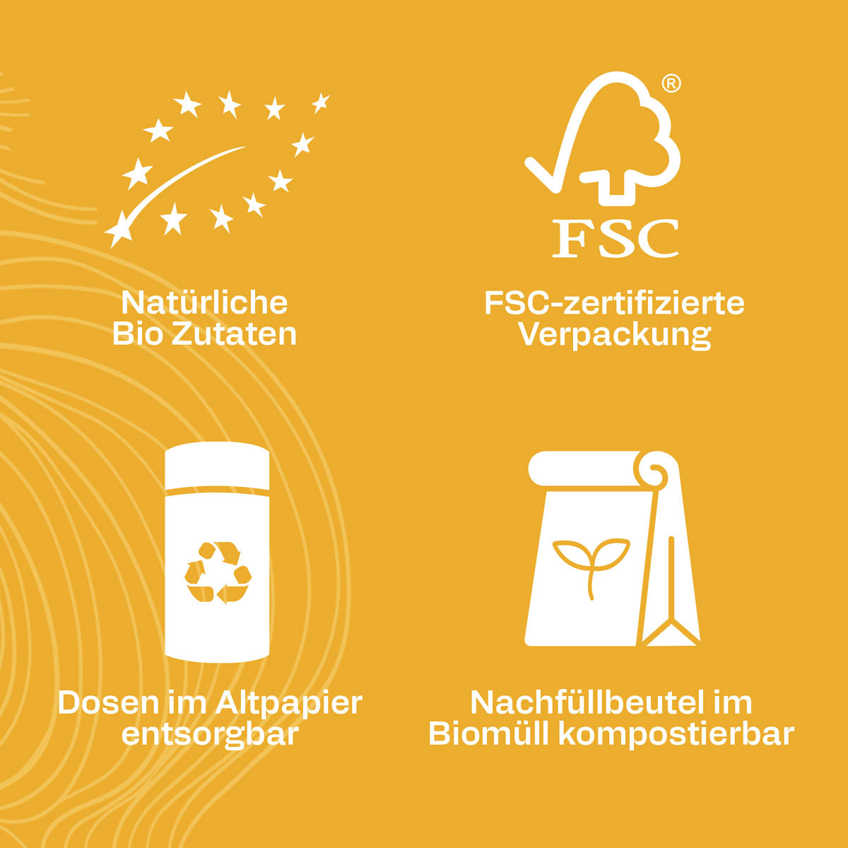 Infokarte mit den Produktversprechen Bio, FSC und Nachhaltigkeit