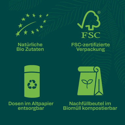 Infokarte mit den Produktversprechen Bio, FSC und Nachhaltigkeit