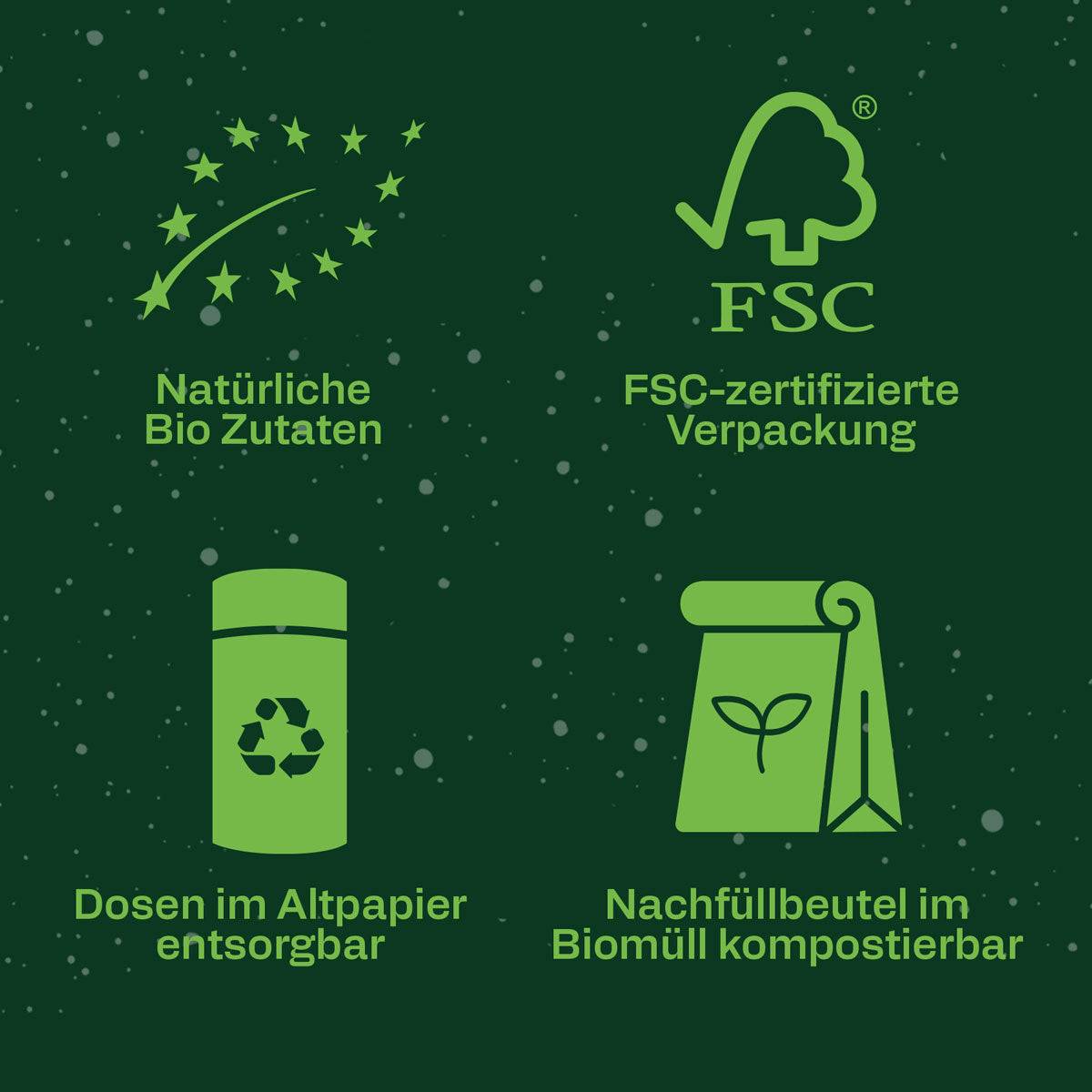 Infokarte mit den Produktversprechen Bio, FSC und Nachhaltigkeit