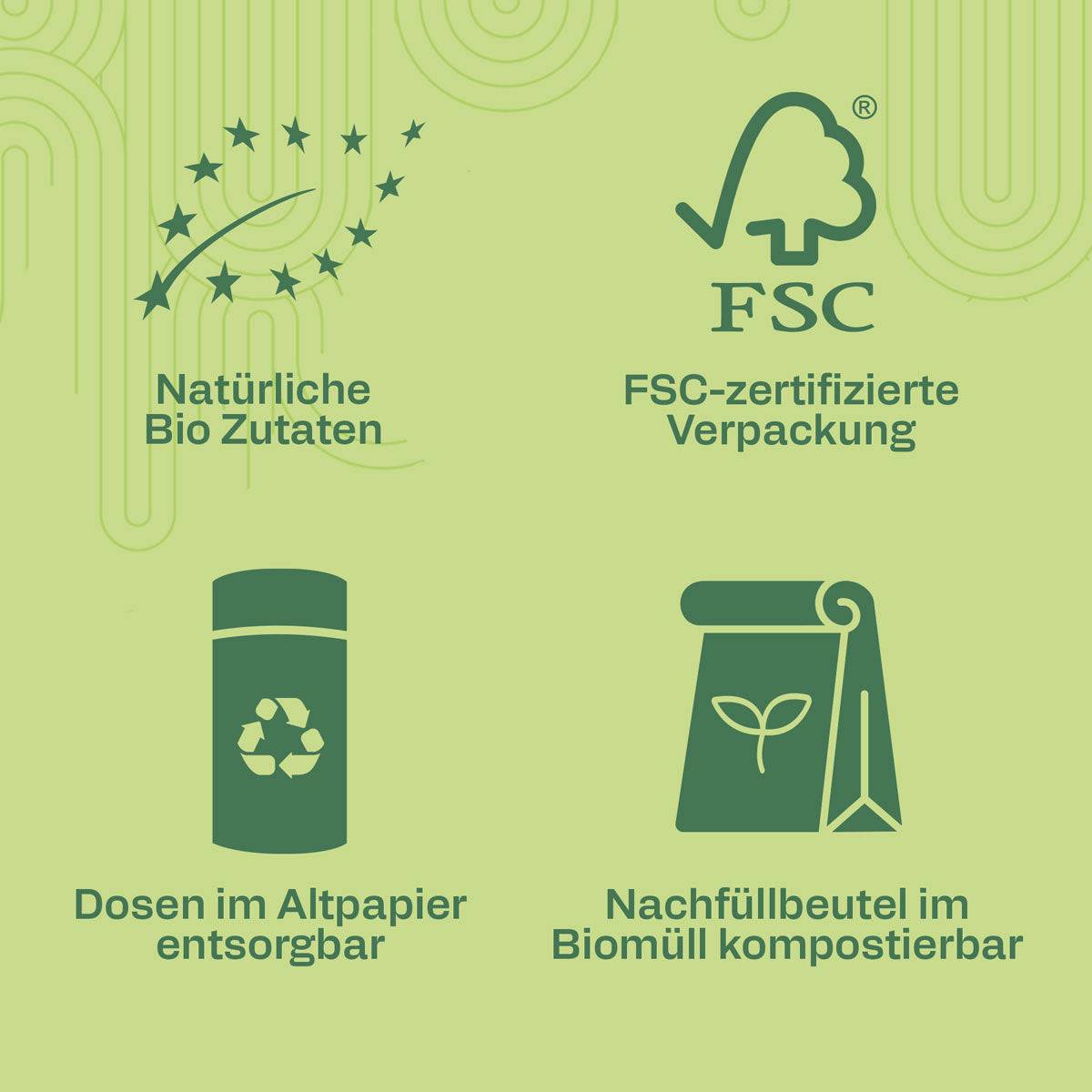 Infokarte mit den Produktversprechen Bio, FSC und Nachhaltigkeit