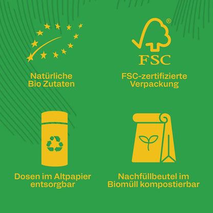 Infokarte mit den Produktversprechen Bio, FSC und Nachhaltigkeit